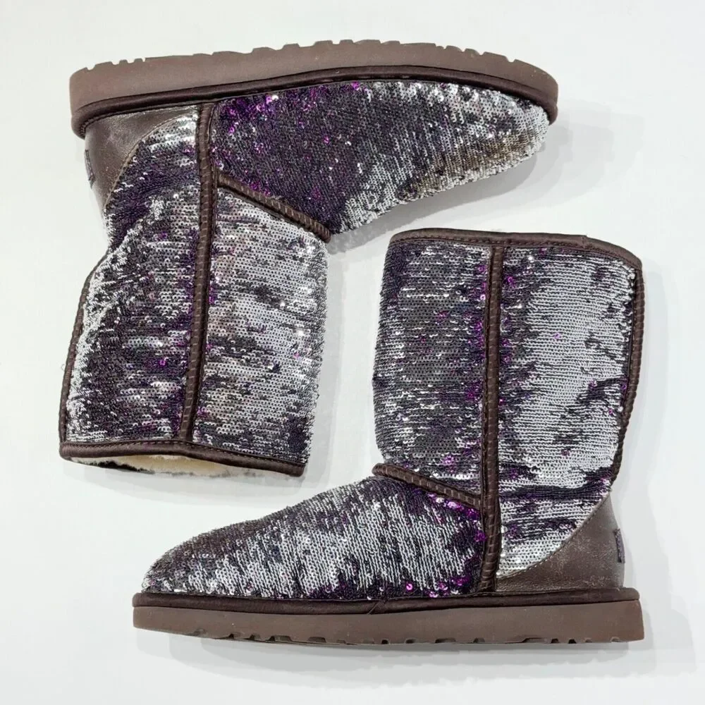 Ugg Australia Sequin Silver Purple Sparkle Winter Boot Women Size 7 Minimal Wear